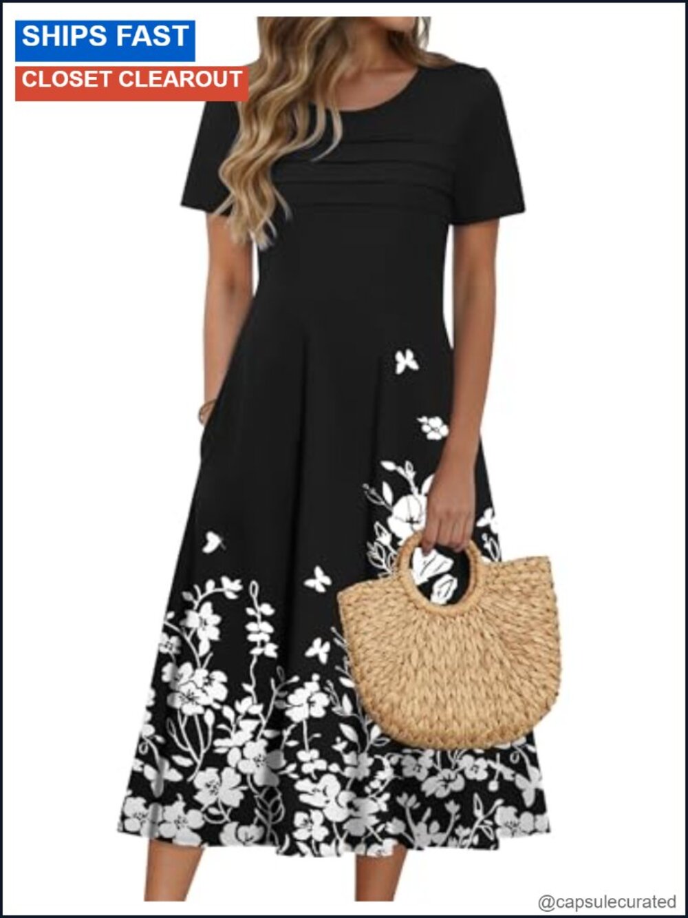 Women's Floral Puff Sleeve Midi Beach Sundress with Pockets